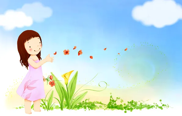 Picture the sky, clouds, flowers, smile, the wind, petals, dress, girl, baby Wallpaper