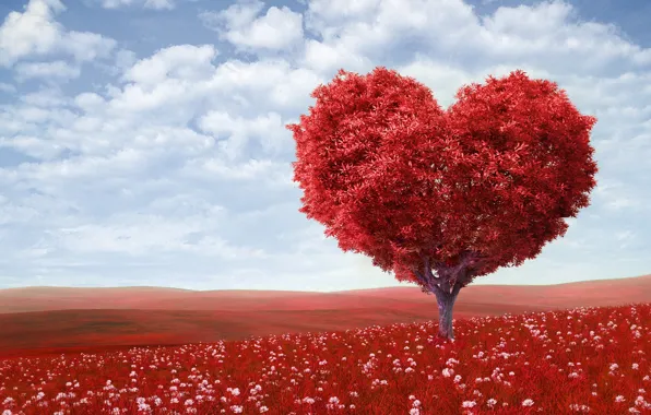 Picture field, the sky, clouds, love, flowers, tree, romance, heart, love, Valentine's day, sky, field, heart, …