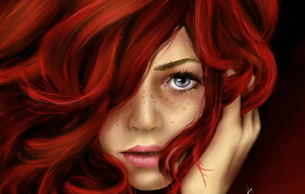 Picture look, girl, face, hair, art, freckles, red, painting, curls