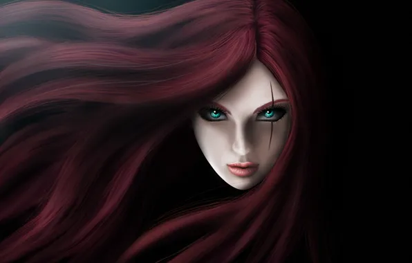 Picture eyes, girl, face, hair, art, scar, Katarina, League of legends, The Sinister Blade