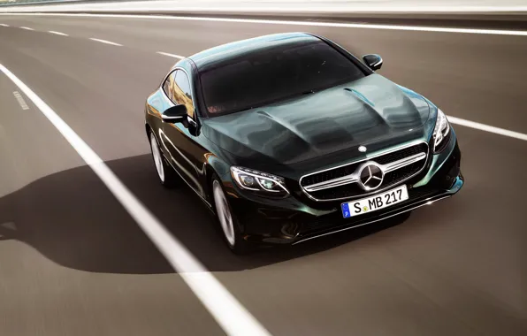 Picture auto, Mercedes-Benz, Road, Green, Mercedes, Logo, The hood, Coupe, The front, In motion, S-Class