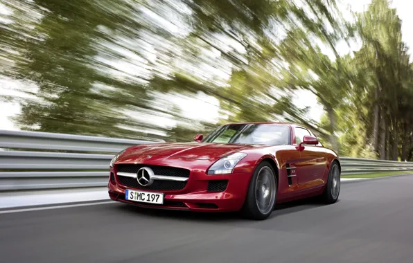 Picture road, trees, speed, Mercedes, Benz, AMG, SLS