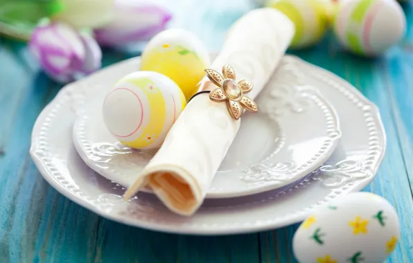 Picture flowers, table, holiday, eggs, Easter, tulips, plates, napkin