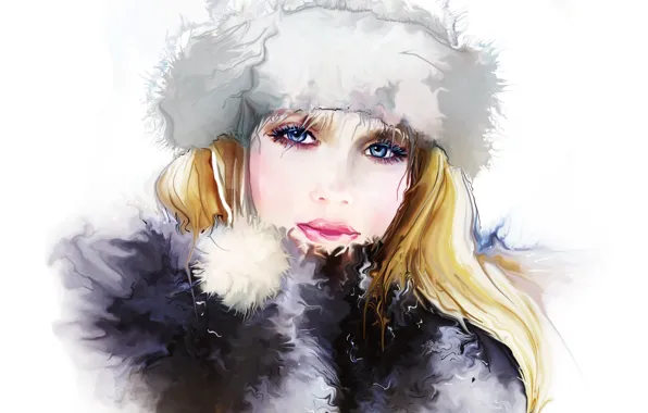 Picture winter, eyes, look, girl, face, eyelashes, hat, hair, Tatiana Nikitina