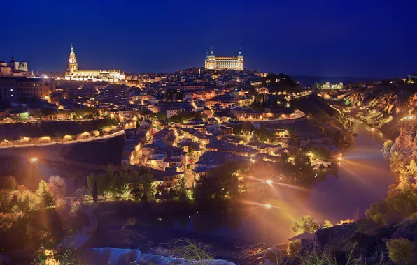 Picture night, lights, river, castle, tower, home, Spain, Toledo