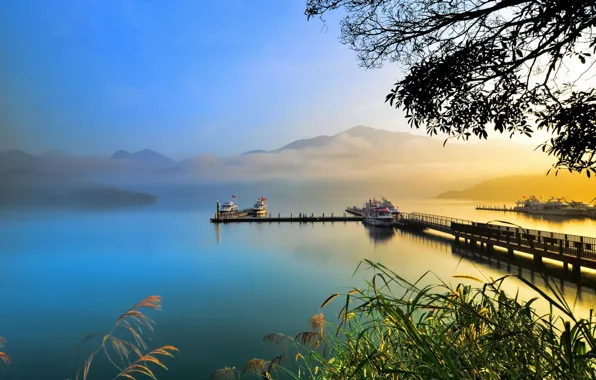 Picture mountains, fog, lake, boats, pier, reed, haze