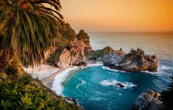 Picture Palma, rocks, coast, waterfall, CA, Pacific Ocean, California, The Pacific ocean, Big Sur, McWay Falls, …