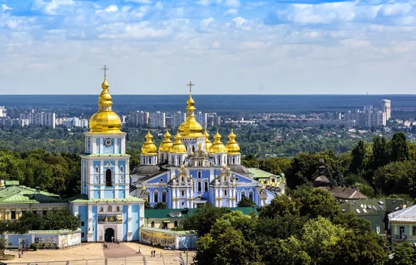 Picture the sky, trees, home, panorama, Ukraine, the monastery, Kiev, the bell tower, St. Michael's Cathedral