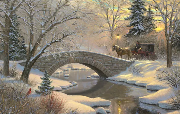 Picture winter, forest, snow, sunset, bridge, river, bird, horse, tree, ate, lantern, coach, forest, painting, herringbone, …