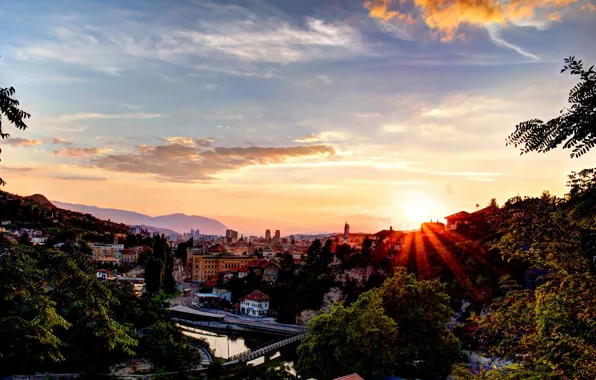 Picture the sky, the sun, rays, trees, sunset, mountains, bridge, river, home, Bosnia and Herzegovina, Sarajevo