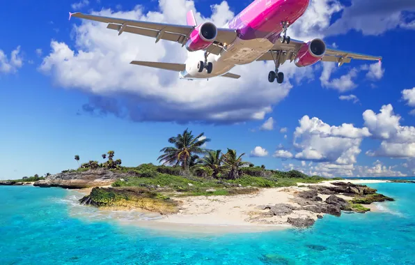 Picture sea, beach, tropics, The plane, beach, sea, tropics, flying over the island, The plane, flying …