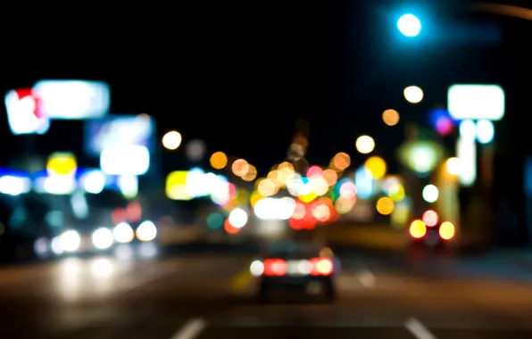 Picture road, machine, night, the city, lights, street, bokeh