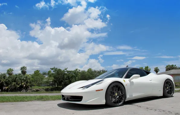 Picture white, the sky, clouds, shadow, white, ferrari, Ferrari, sky, Italy, clouds, 458 italia, Miami, miami