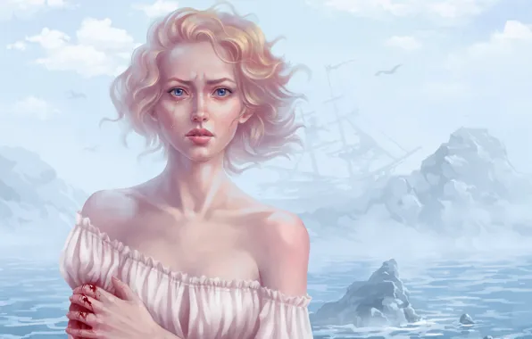 Picture sea, clouds, the wind, blood, ship, seagulls, art, blonde, tears, drawn girl