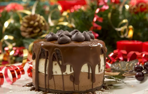 Picture new year, chocolate, layers, cream, dessert, Christmas, cake