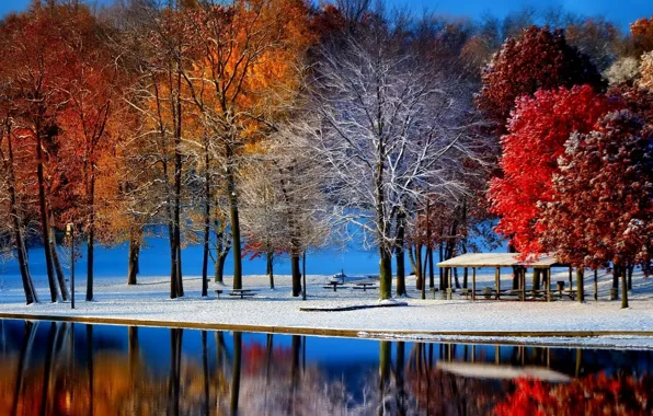 Picture winter, frost, autumn, leaves, water, snow, trees, landscape, pond, Park, the crimson