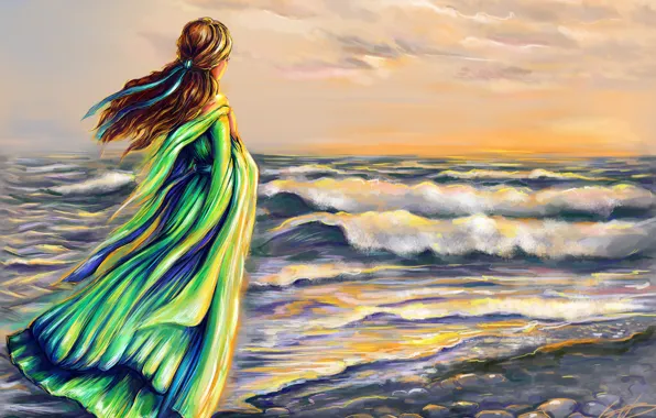 Picture sea, wave, the sky, girl, clouds, hair, back, art, ribbon, green dress, vetor