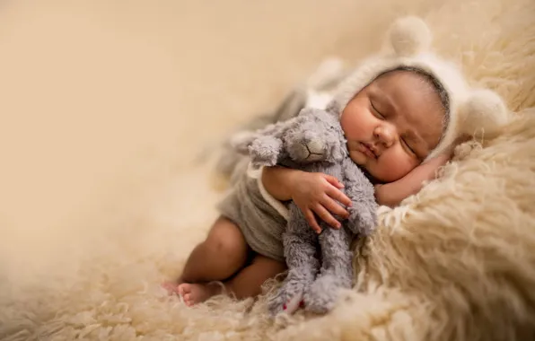 Picture toy, sleep, bear, fur, ears, child, cap, baby