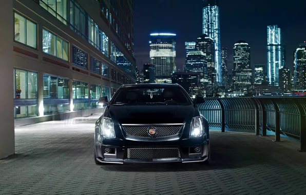 Picture night, the city, lights, black, Cadillac, before, black, CTS-V, Cadillac