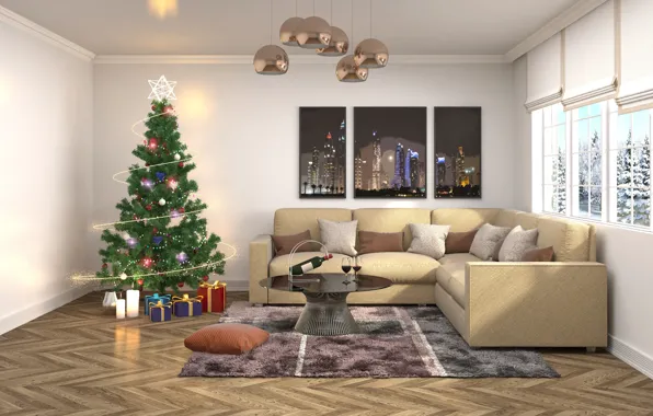Picture Sofa, New Year, Tree, tree, Chandelier, Interior, render, Holidays, Gifts