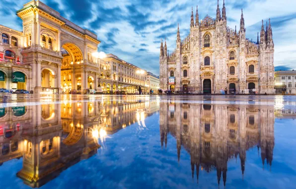 Picture night, lights, reflection, area, Italy, Cathedral, Milan, Duomo