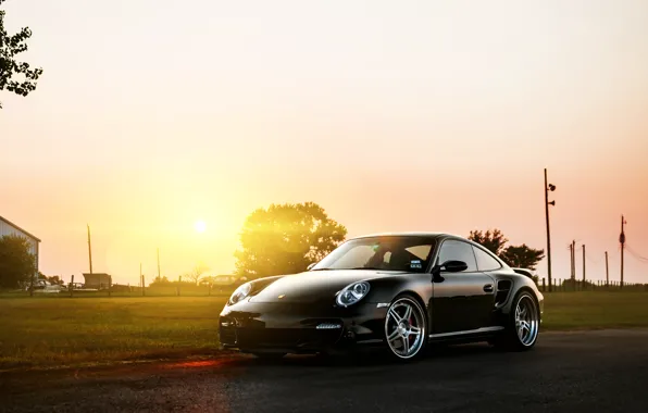 Picture the sun, black, 911, 997, Porsche, Porsche, black, Blik, front, Turbo