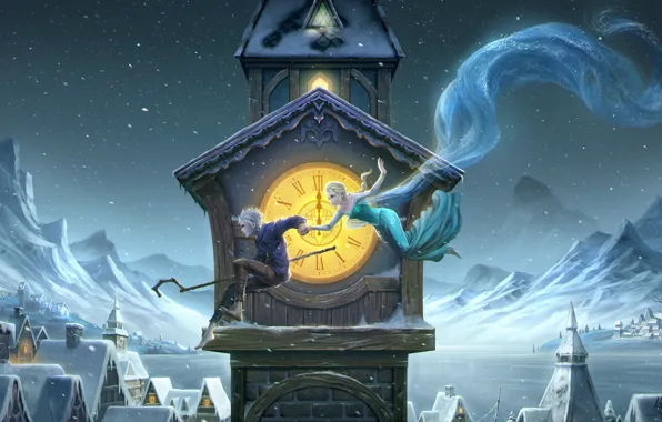 Picture winter, girl, night, tower, guy, art, frozen, midnight, Rise of the Guardians, Jack Frost, elsa