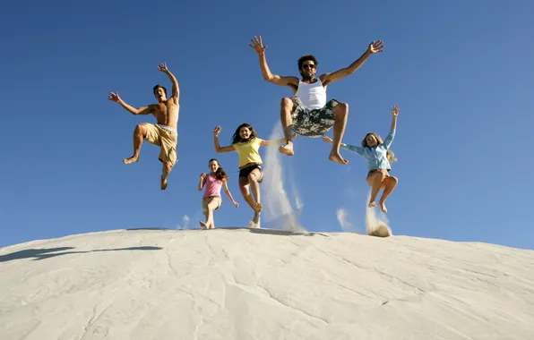 Picture sand, summer, the sky, joy, happiness, girls, mood, jump, laughter, guys