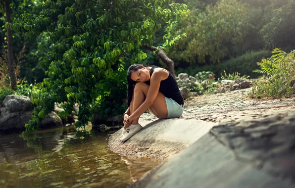 Picture water, stream, stone, shorts, beauty, legs