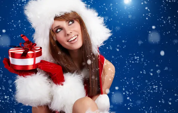 Picture girl, snowflakes, gift, new year, beautiful, Sweet present