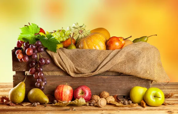 Picture autumn, apples, harvest, grapes, pumpkin, fruit, nuts, box, vegetables, pear, burlap