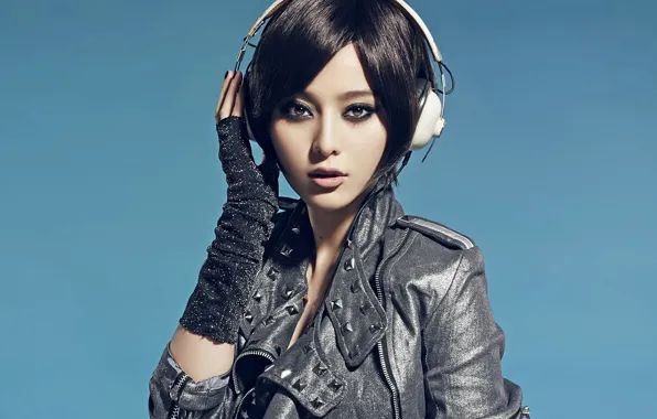 Picture look, girl, style, headphones, Asian, blue background
