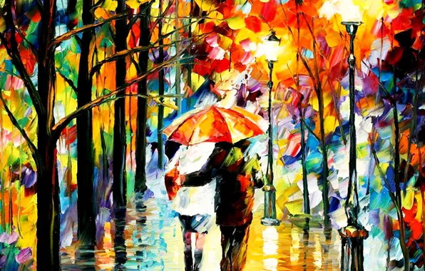 Picture autumn, lights, Park, rain, picture, umbrella, pair, lantern, lovers, alley, Leonid Afremov, genre