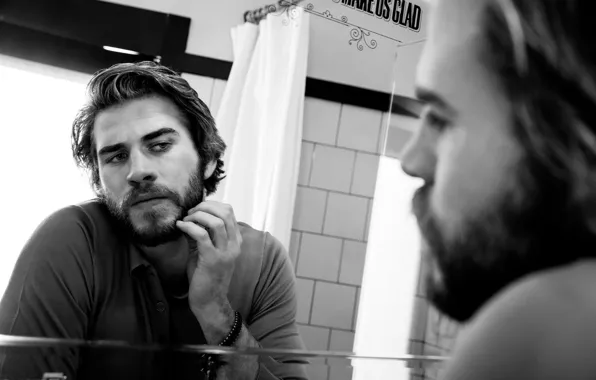 Picture reflection, mirror, actor, black and white, beard, journal, photoshoot, Liam Hemsworth, Esquire, Liam Hemsworth