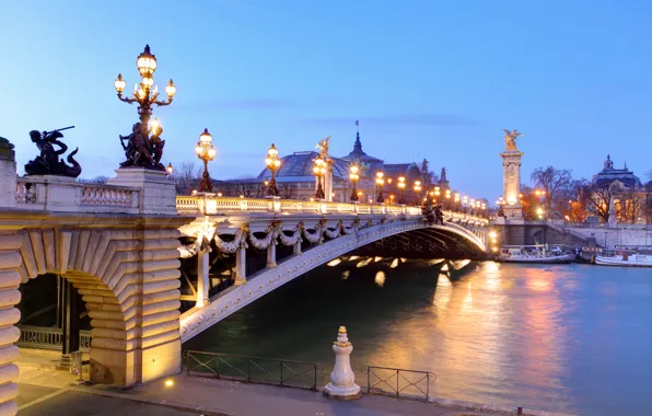 Picture bridge, river, France, Paris, morning, lights, boats, Palace, Pont Alexandre III, Grand Palais