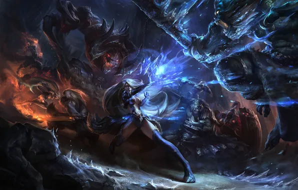Picture weapons, girls, magic, monsters, battle, League of Legends