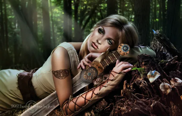 Picture forest, look, girl, trees, weapons, fiction, hair, sword, hands, green eyes