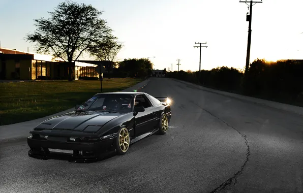 Picture the sun, street, tuning, Toyota, black, Blik, Supra, Toyota, supra, the front part, MA61