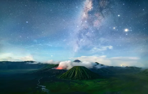 Picture mountains, night, the way, island, volcanoes, milky, Bromo, Java, Tanger, the sky.stars, tectonic complex