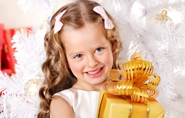 Picture children, smile, gift, tree, child, New Year, Christmas, girl, bows, Christmas, curls, holidays, New Year