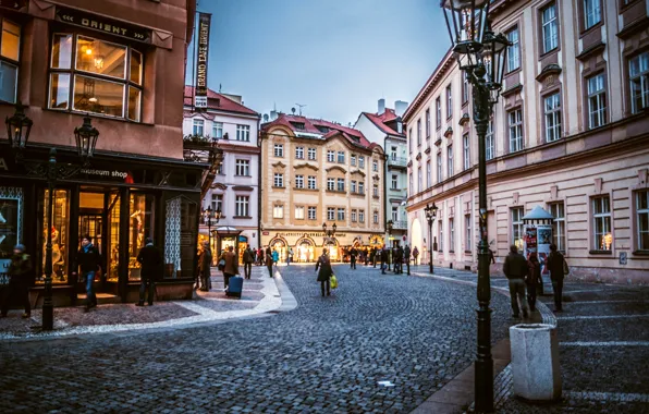 Picture the city, people, building, home, the evening, pavers, Prague, Czech Republic, lights, stores, Prague, The …
