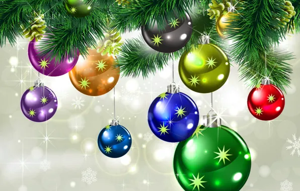Picture winter, stars, decoration, snowflakes, holiday, balls, Christmas, New year, colorful, beautiful, sparkling