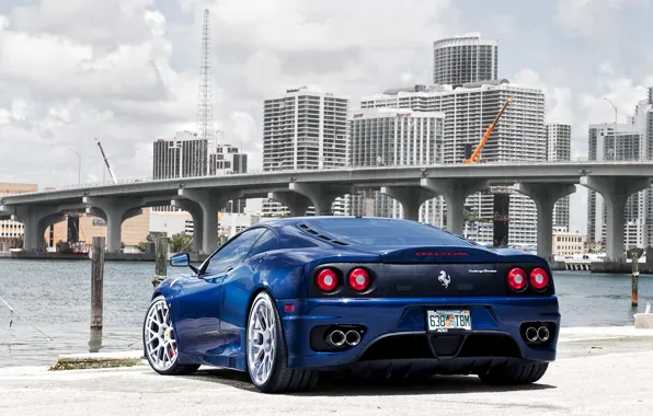Picture blue, bridge, the city, Ferrari, Ferrari, 360, skyscrapers, blue, Modena, Modena