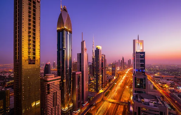 Picture the city, lights, home, the evening, excerpt, Dubai, Dubai, UAE, The motorway is named after …