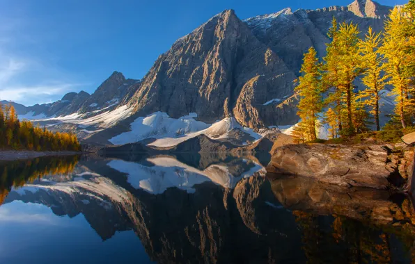 Picture autumn, the sky, snow, trees, mountains, lake, reflection, Canada, british columbia, kootenay