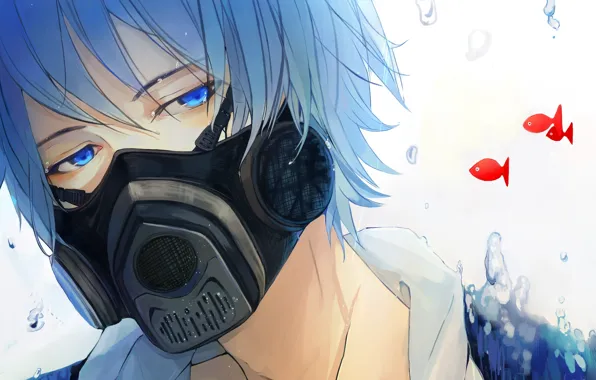 Picture fish, art, guy, vocaloid, under water, Vocaloid, kaito, object spring