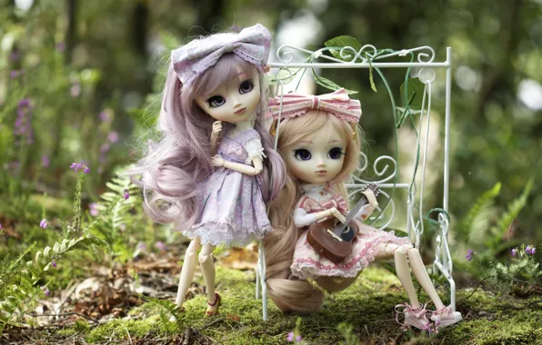 Picture nature, swing, girls, toys, guitar, doll