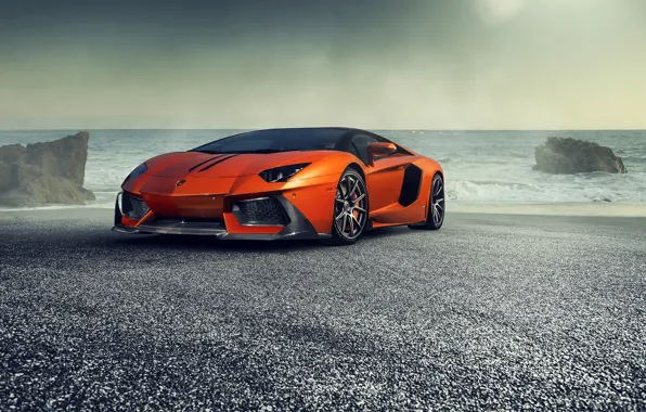 Picture Lamborghini, Orange, Front, Vorsteiner, Sea, Supercar, Zaragoza, Aventador-V, LP740-4