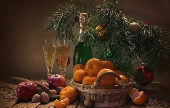 Picture holiday, apples, glasses, nuts, still life, cinnamon, champagne, pine, tangerines
