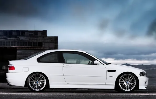 Picture white, the sky, clouds, the building, bmw, BMW, coupe, profile, white, sky, clouds, e46
